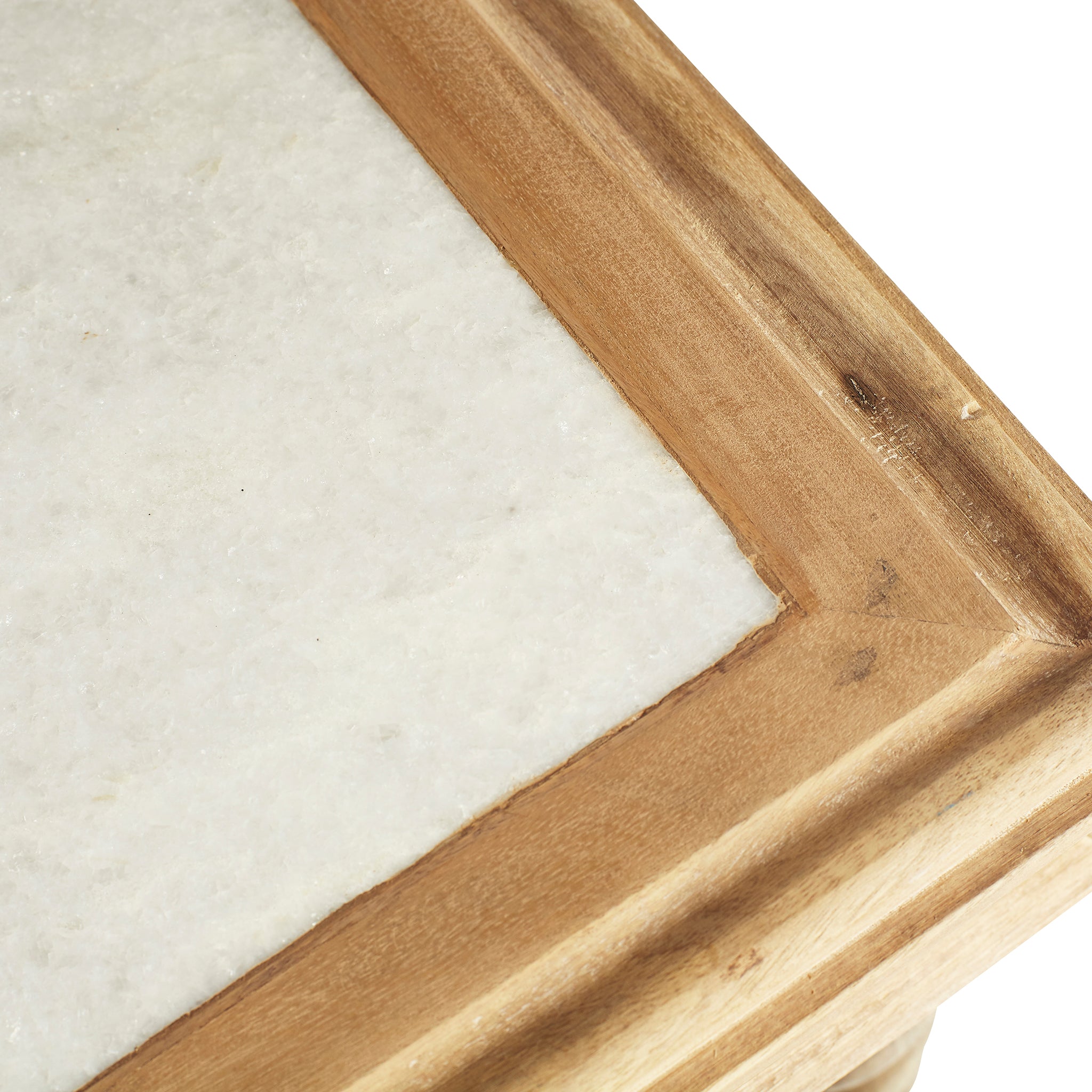 Barley Twist Desk – natural wood color, close-up of corner marble inlay.