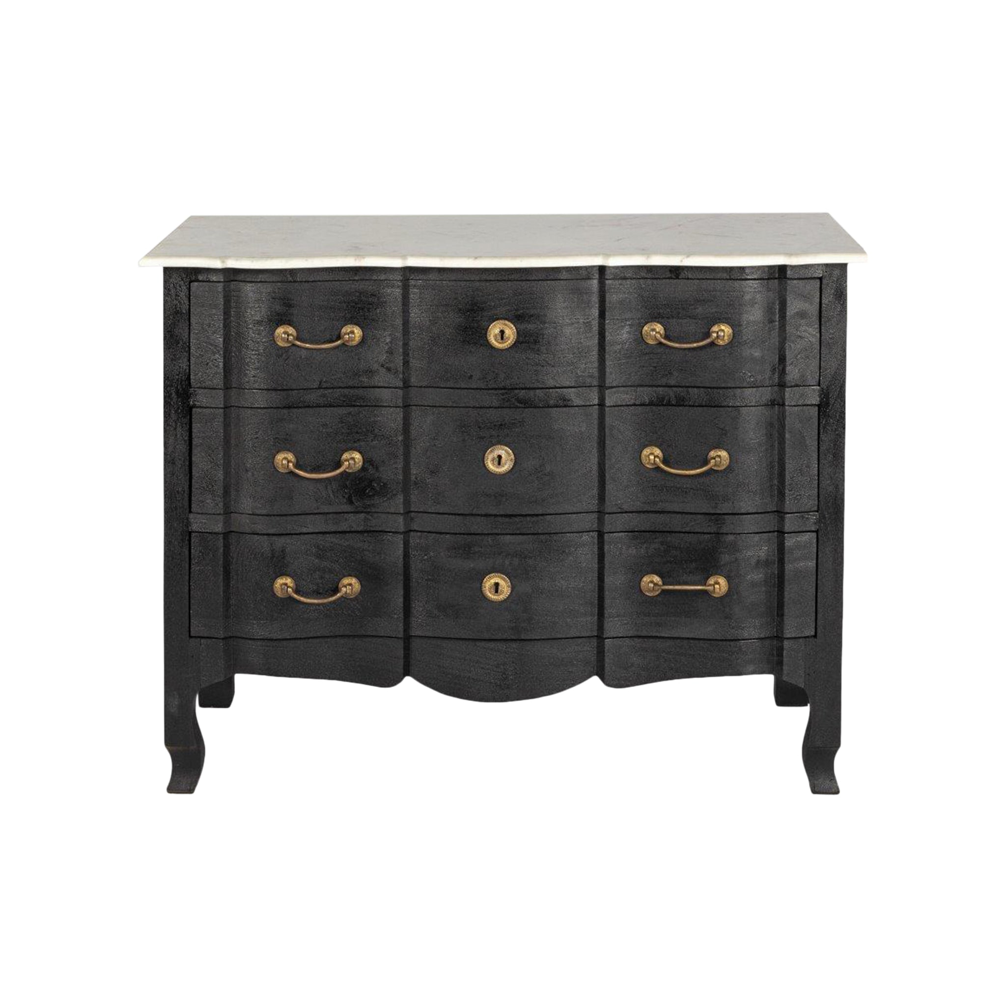 Front View of the Black Serpentine Chest with Marble Top on White Background