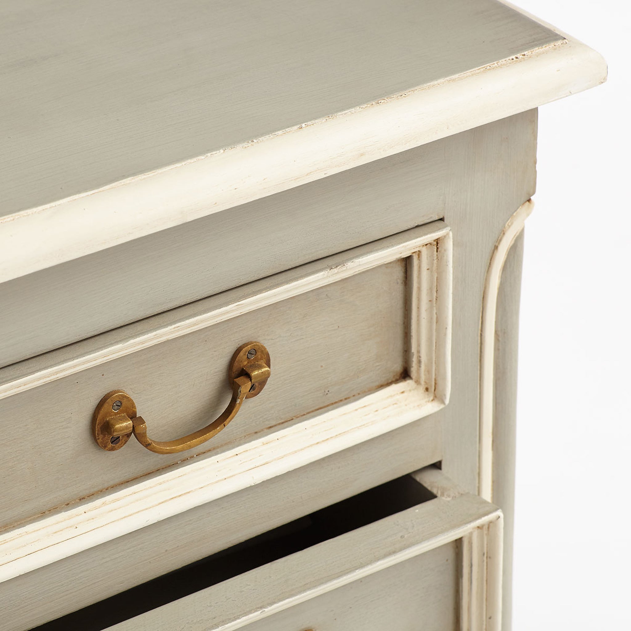 Norwich Mango Wood Three-Drawer Chest: Angled view showing brass hardware