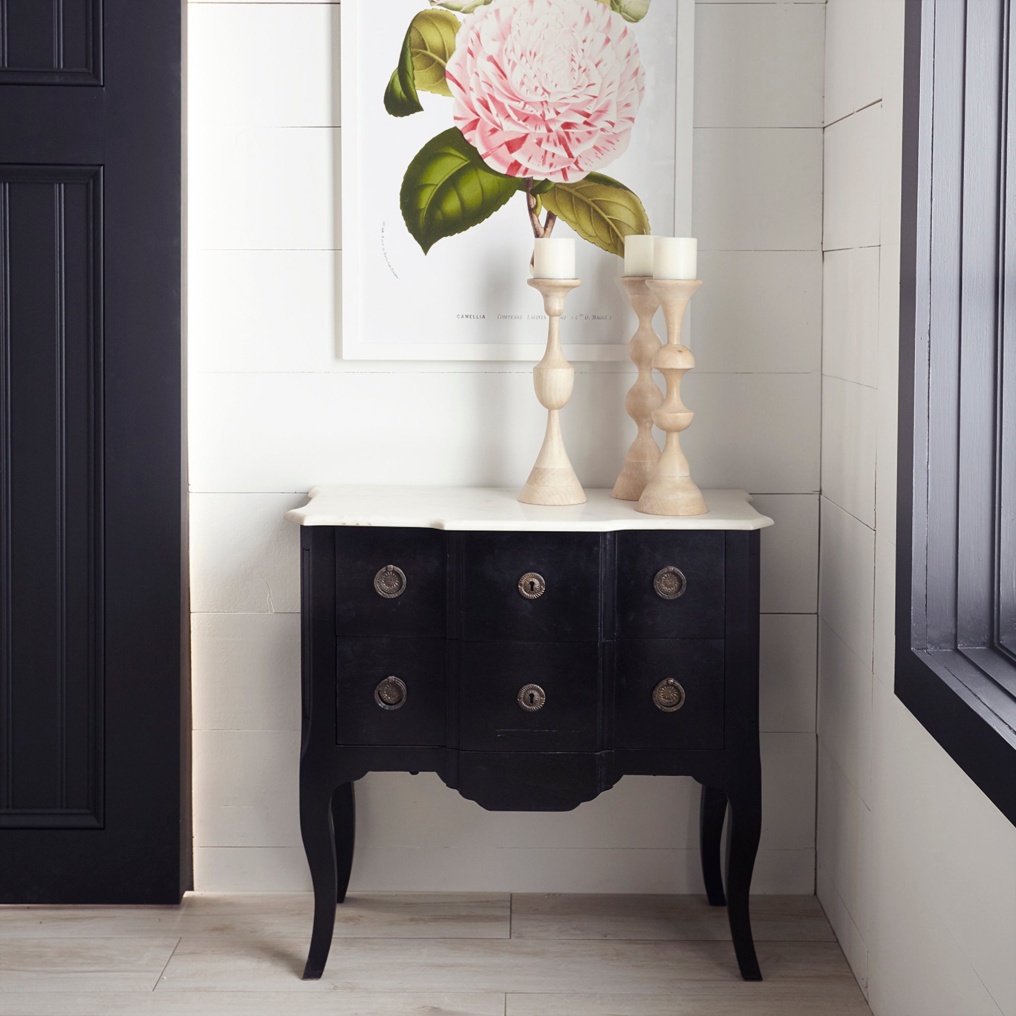 Directoire Chest in a Room Setting with Candlesticks on Top