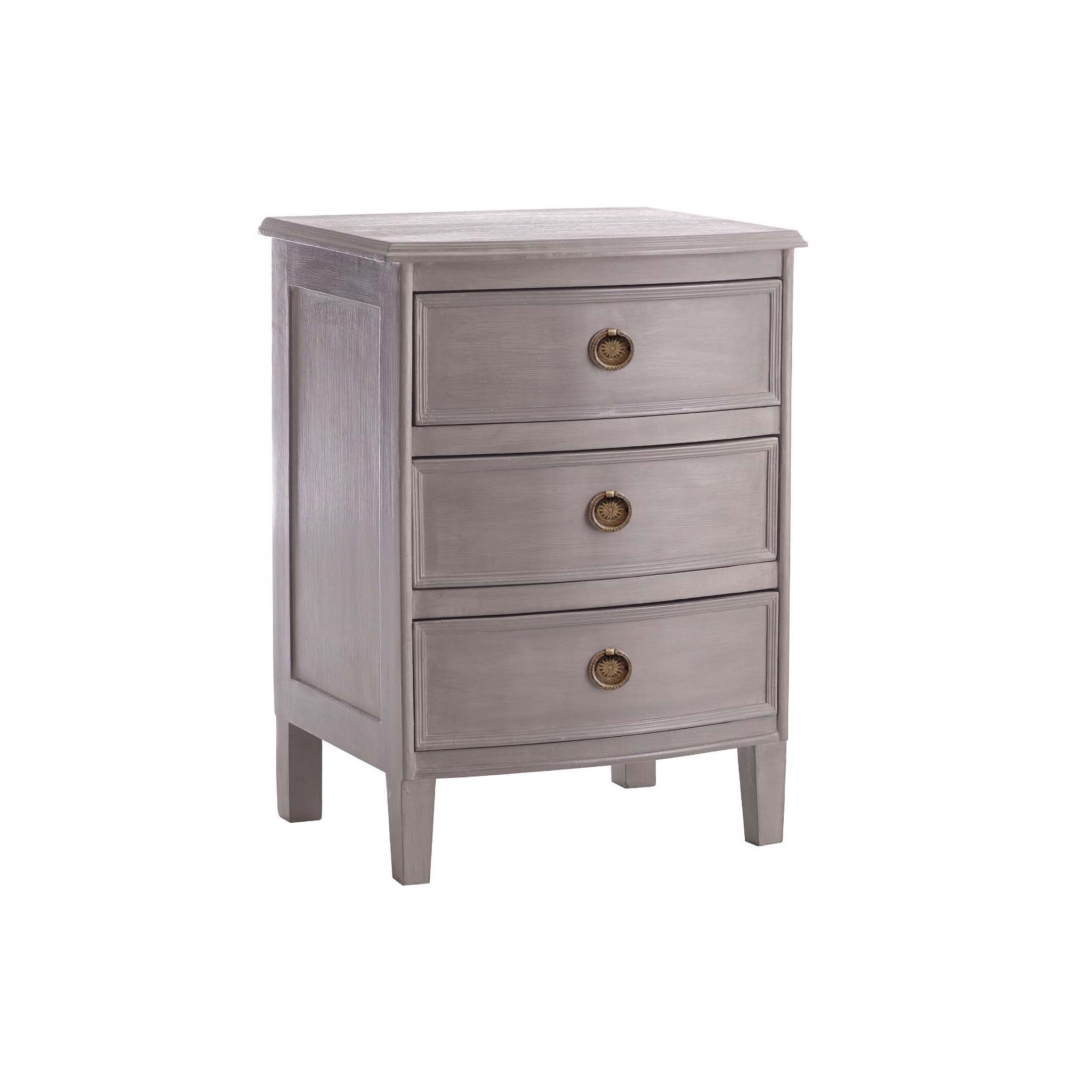 Kunj Three Drawer Chest – angled view, Pumice finish, brass drawer pulls, white background.