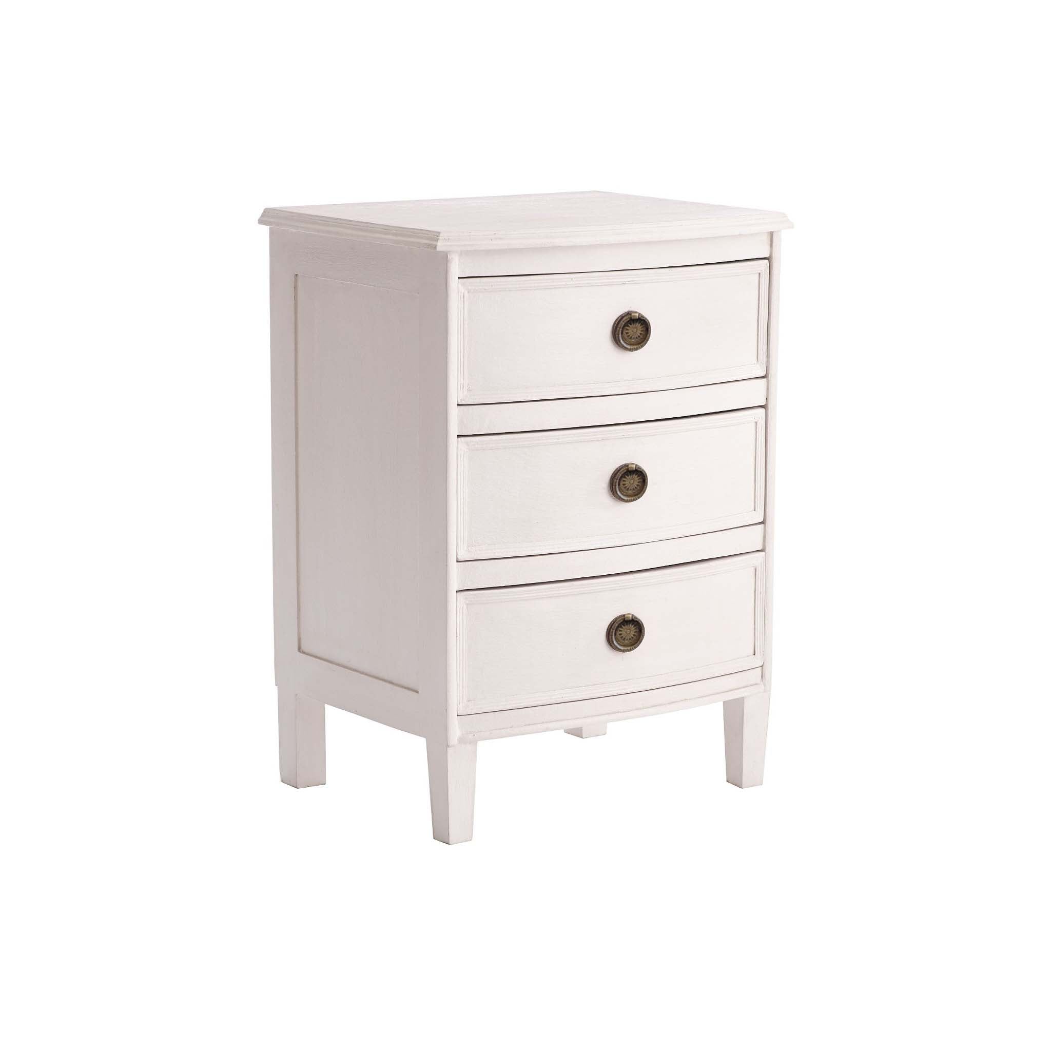 Kunj Three Drawer Chest – angled view, Ivory finish, brass drawer pulls, white background.
