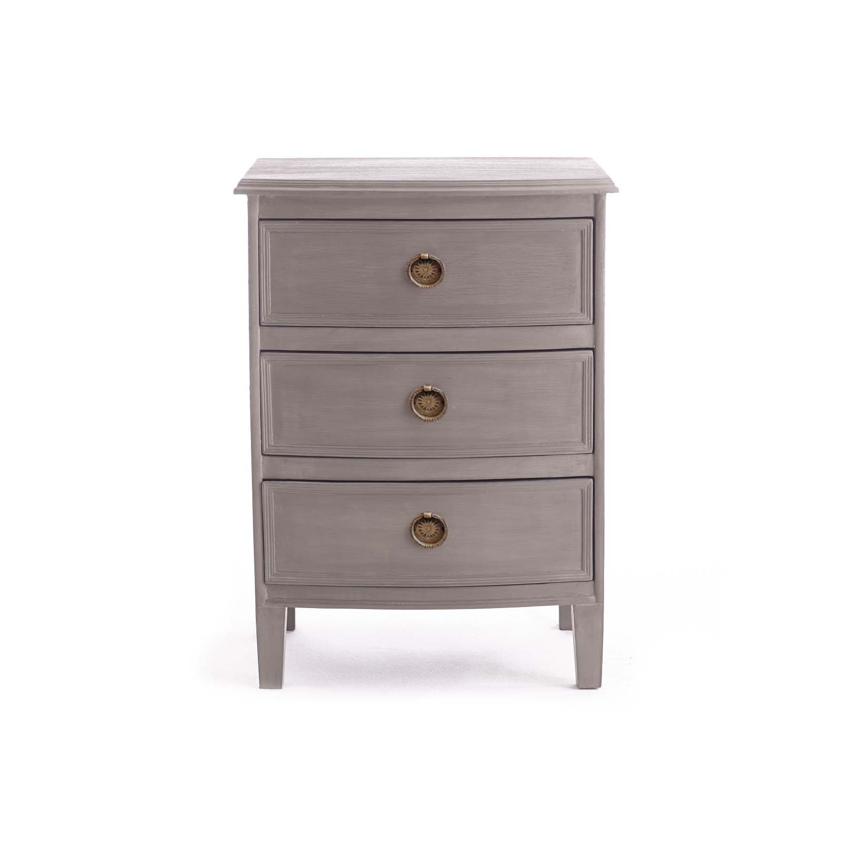 Kunj Three Drawer Chest – front view, Pumice finish, brass drawer pulls, white background.
