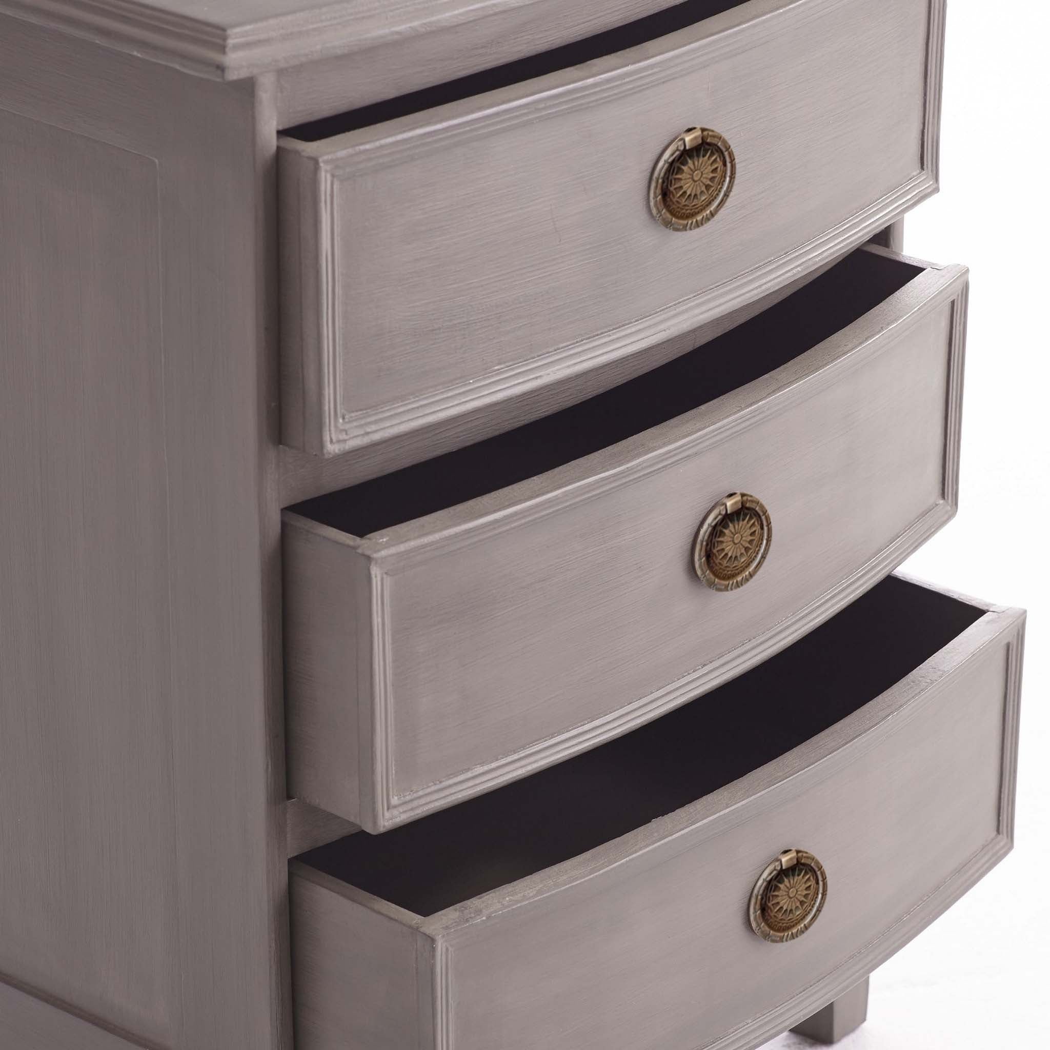 Kunj Three Drawer Chest – angled close-up, Pumice finish, drawers open, brass pulls, white background.