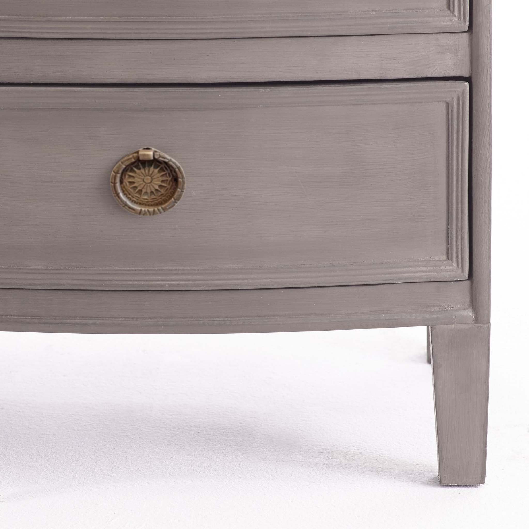 Kunj Three Drawer Chest – close-up of Pumice finish and brass drawer pull, white background.