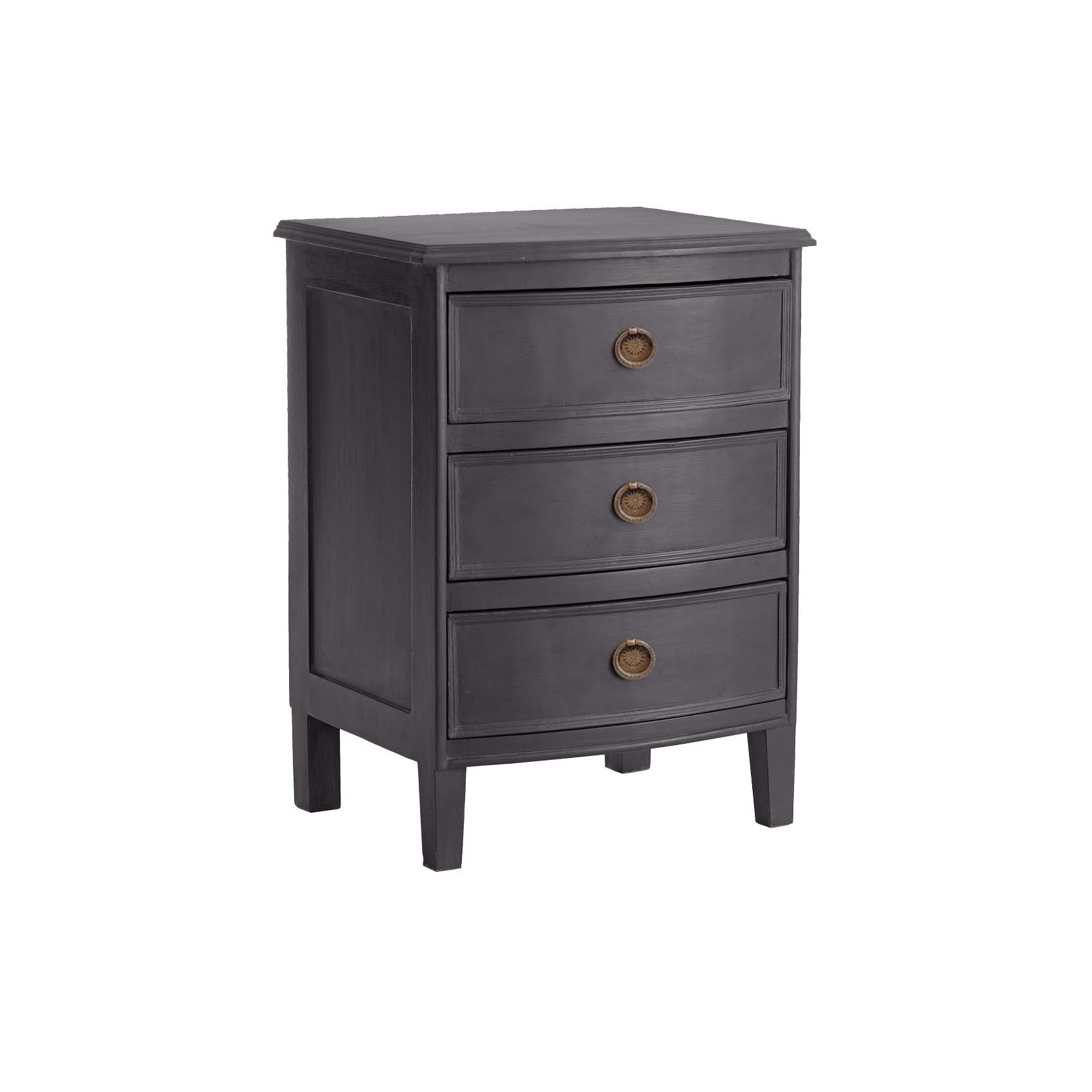 Kunj Three Drawer Chest – angled view, Coal finish, brass drawer pulls, white background.