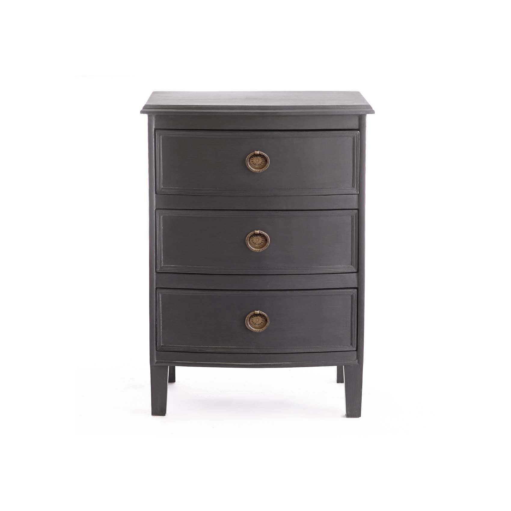 Kunj Three Drawer Chest – front view, Coal finish, brass drawer pulls, white background.