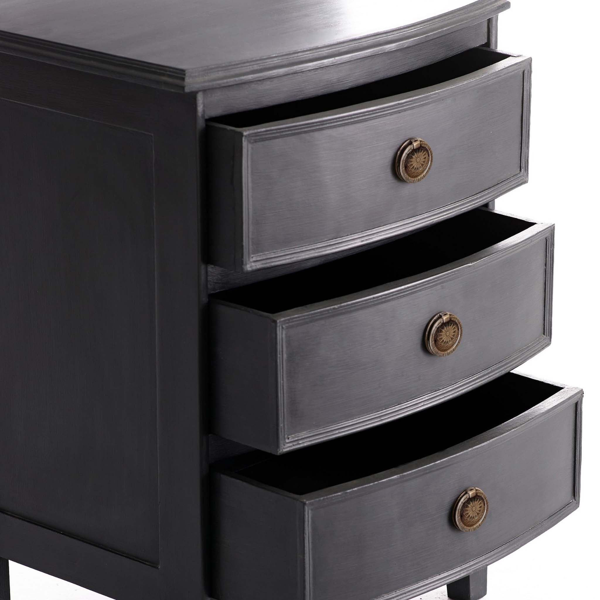 Kunj Three Drawer Chest – angled close-up, Coal finish, drawers open, brass pulls, white background.