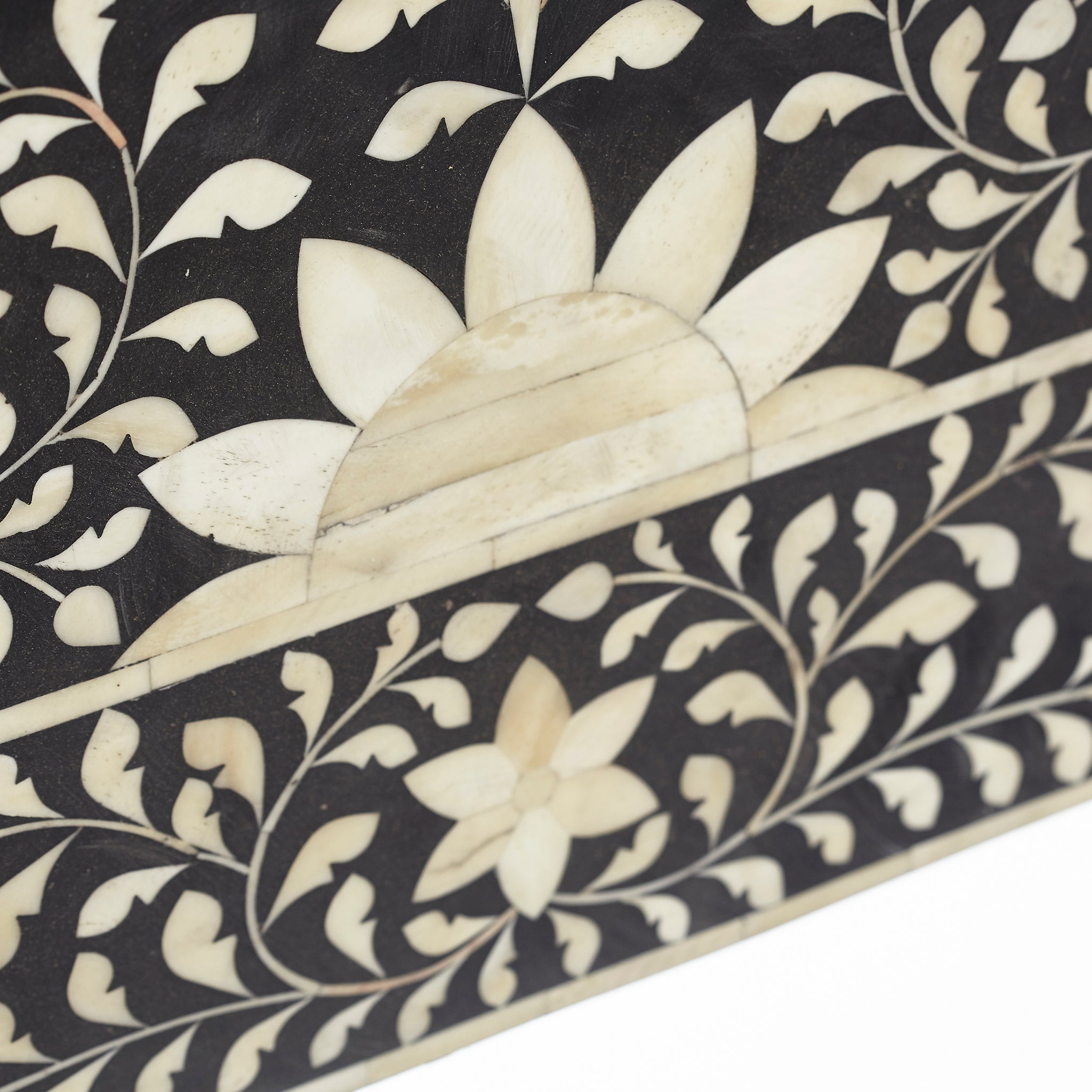 Maharaja Headboard (Mother of Pearl, Bone Inlay) - Close-up of floral inlay pattern and texture.