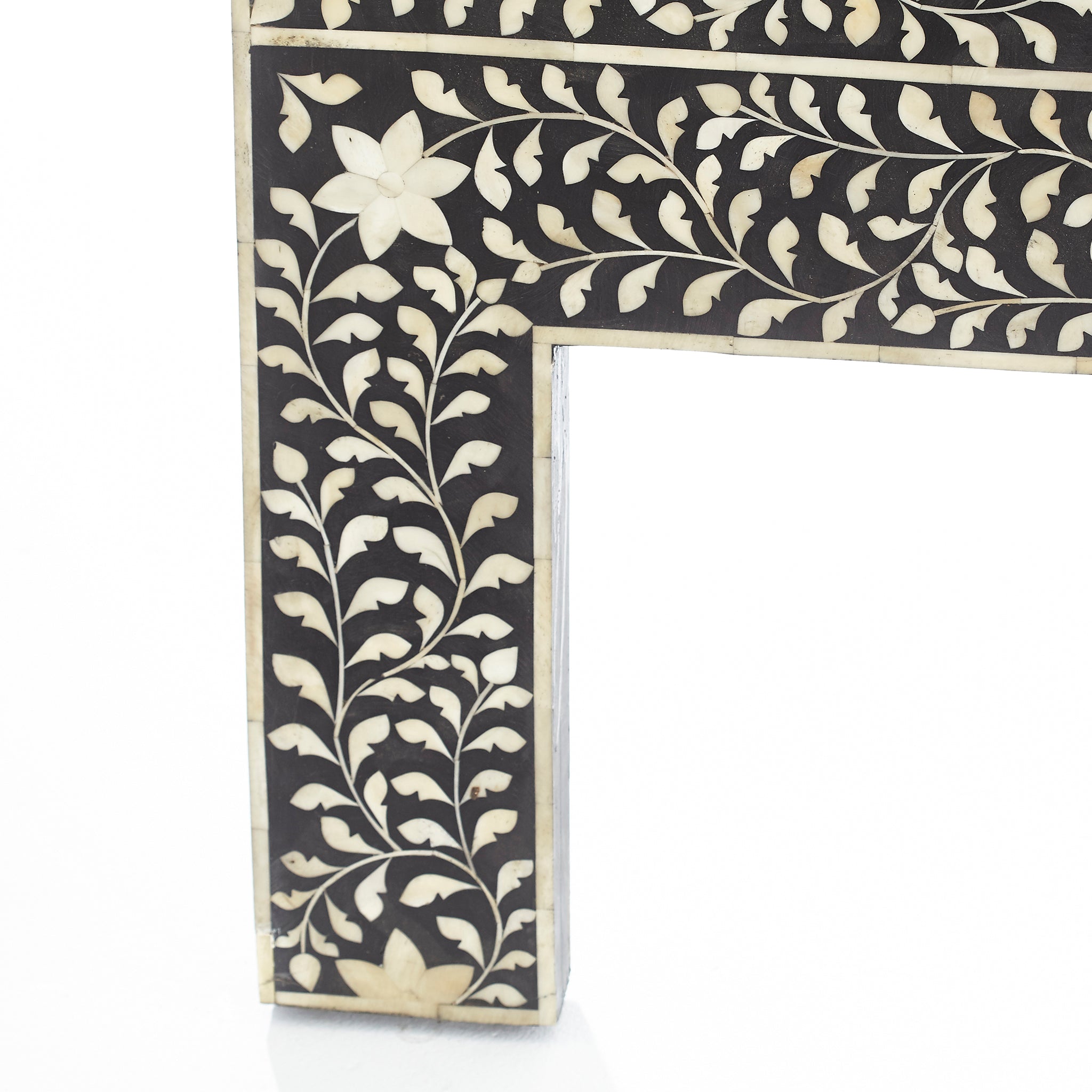 Maharaja Headboard (Mother of Pearl, Bone Inlay) - Detailed shot of leg with floral inlay.