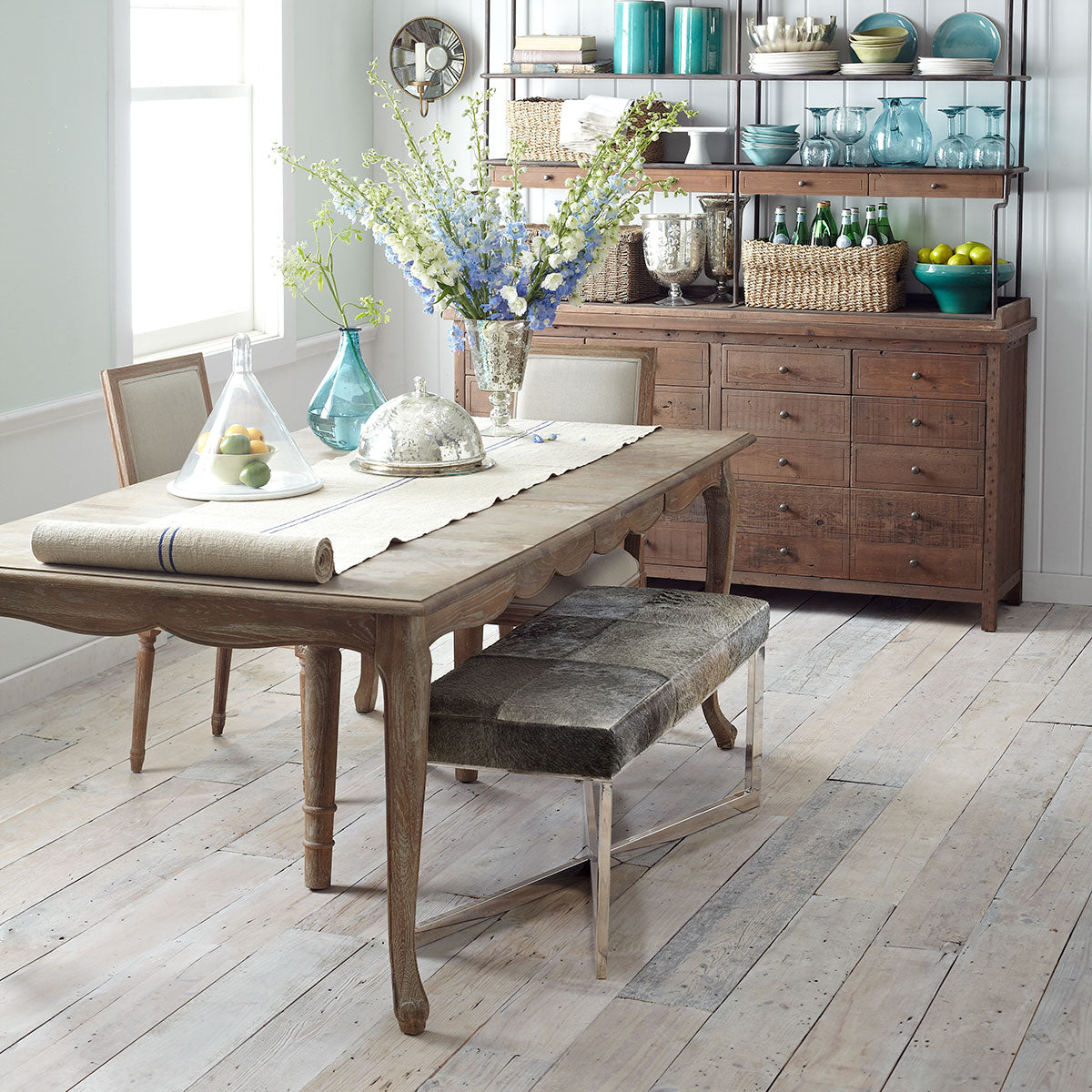 French Country Dining Table - Weathered in a Dining Room Setting: Standing on a Parquet Floor