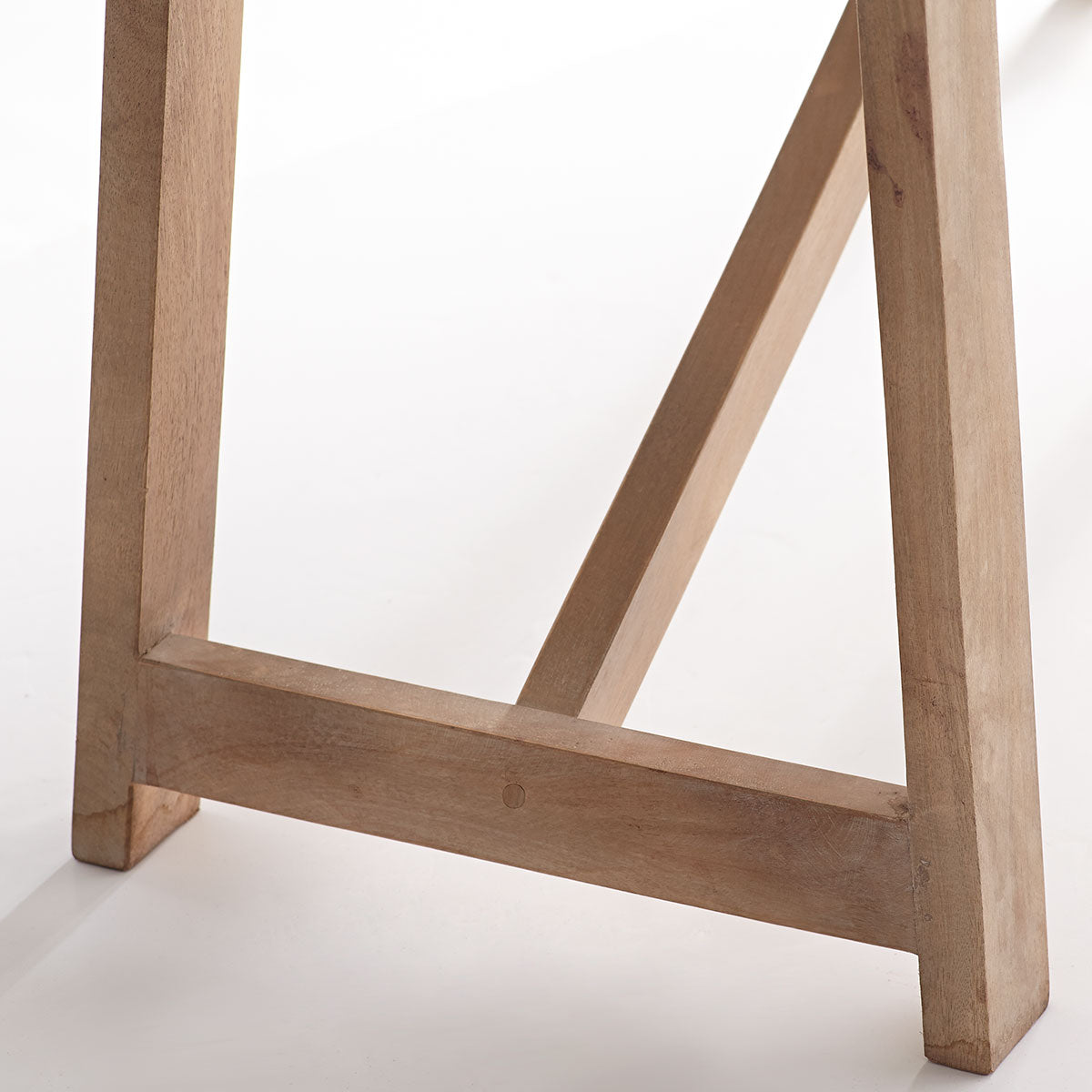 Marble Top Console Table – Close-up of wooden base, natural finish, X-frame support.