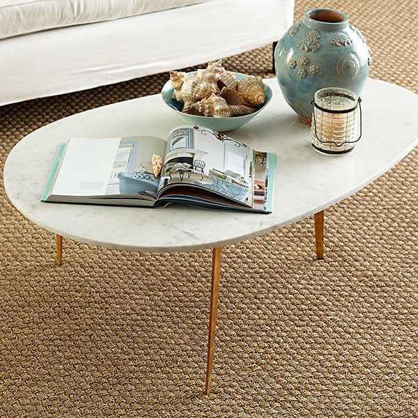 Mid-Century Modern Egg Coffee Table – Styled in a cozy living room, seashell decor, books, vase.