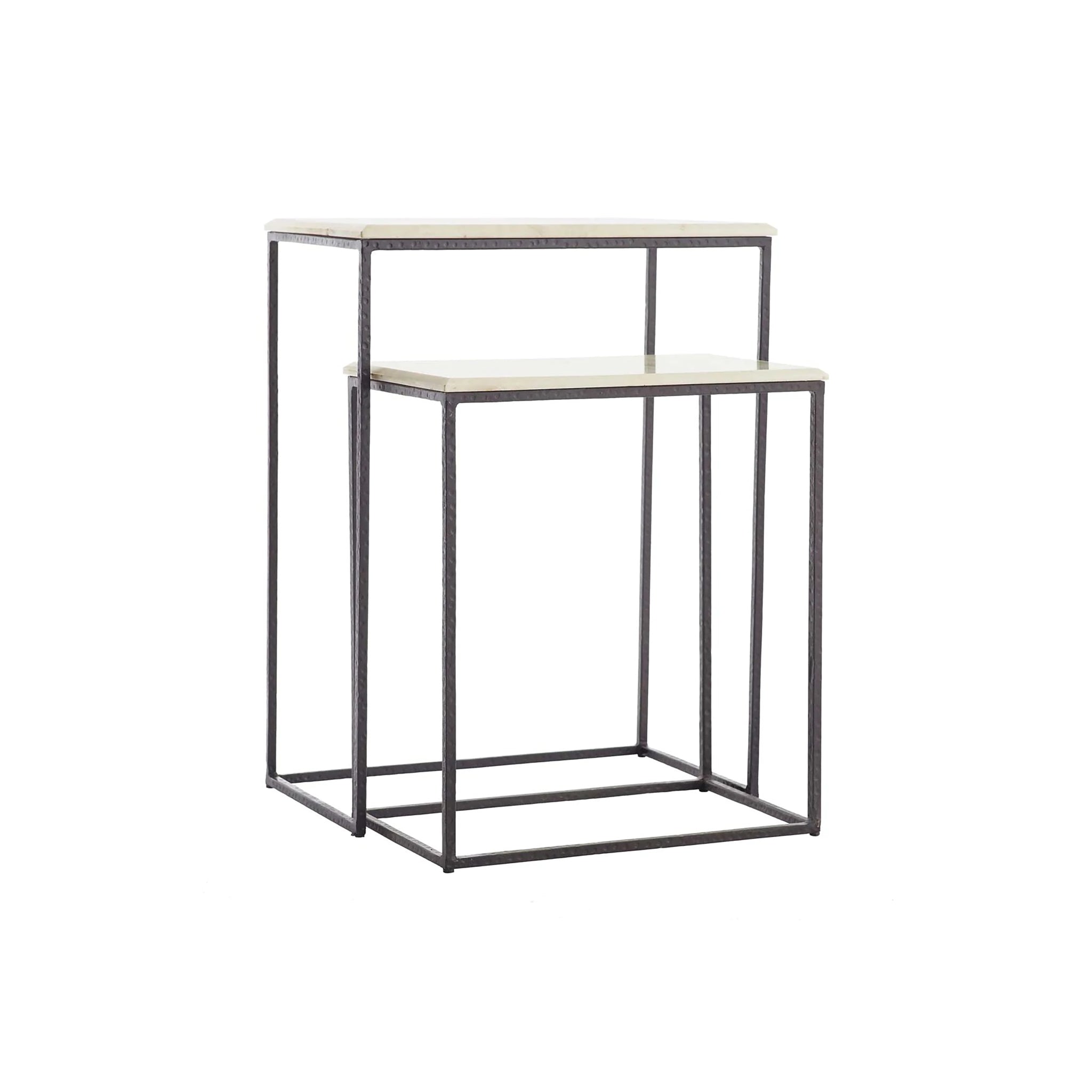 Marble Nesting Side Tables – Slim iron frame, black finish, white marble tops.