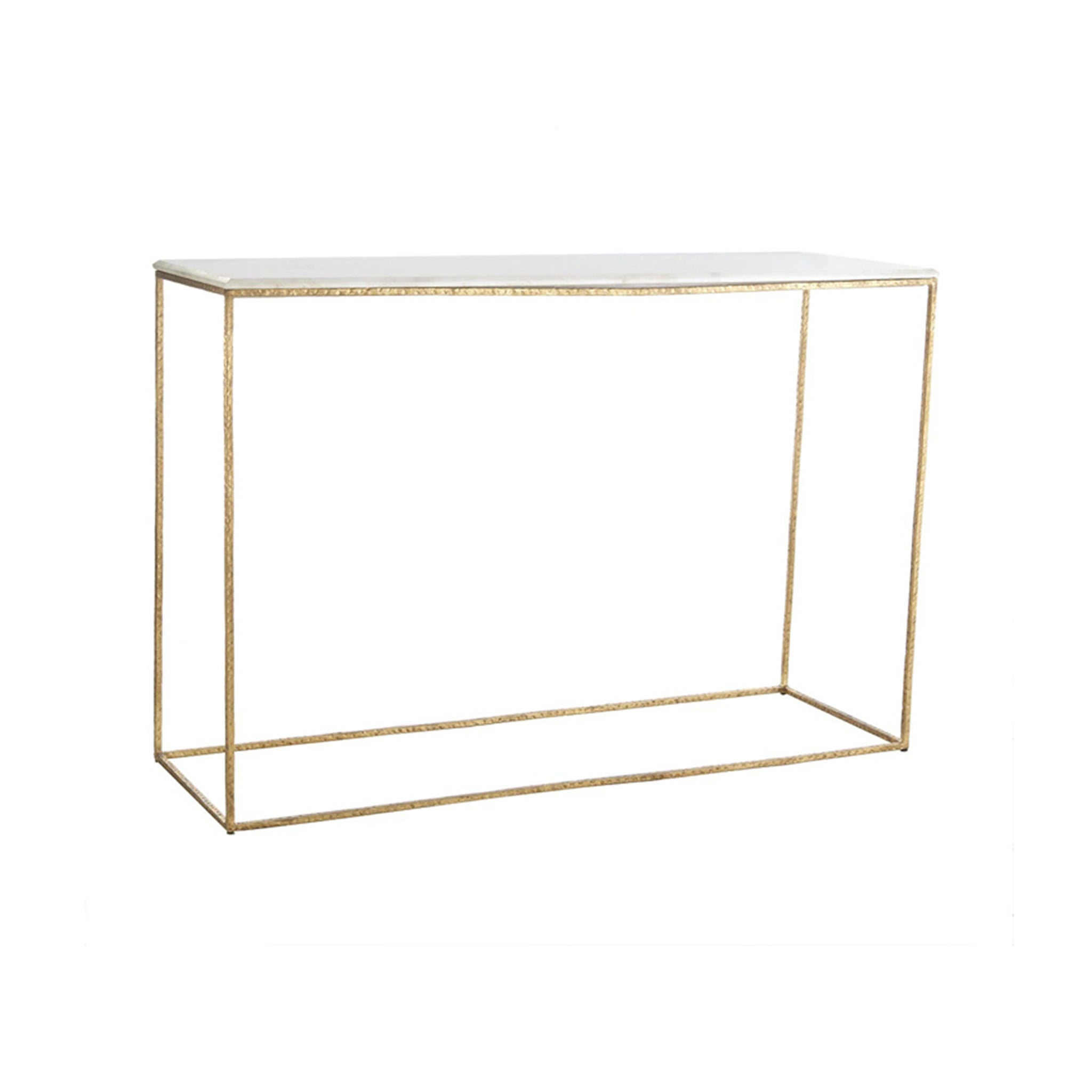 Gold Leaf Console Table – Slim metal frame, gold-leaf finish, white marble top.
