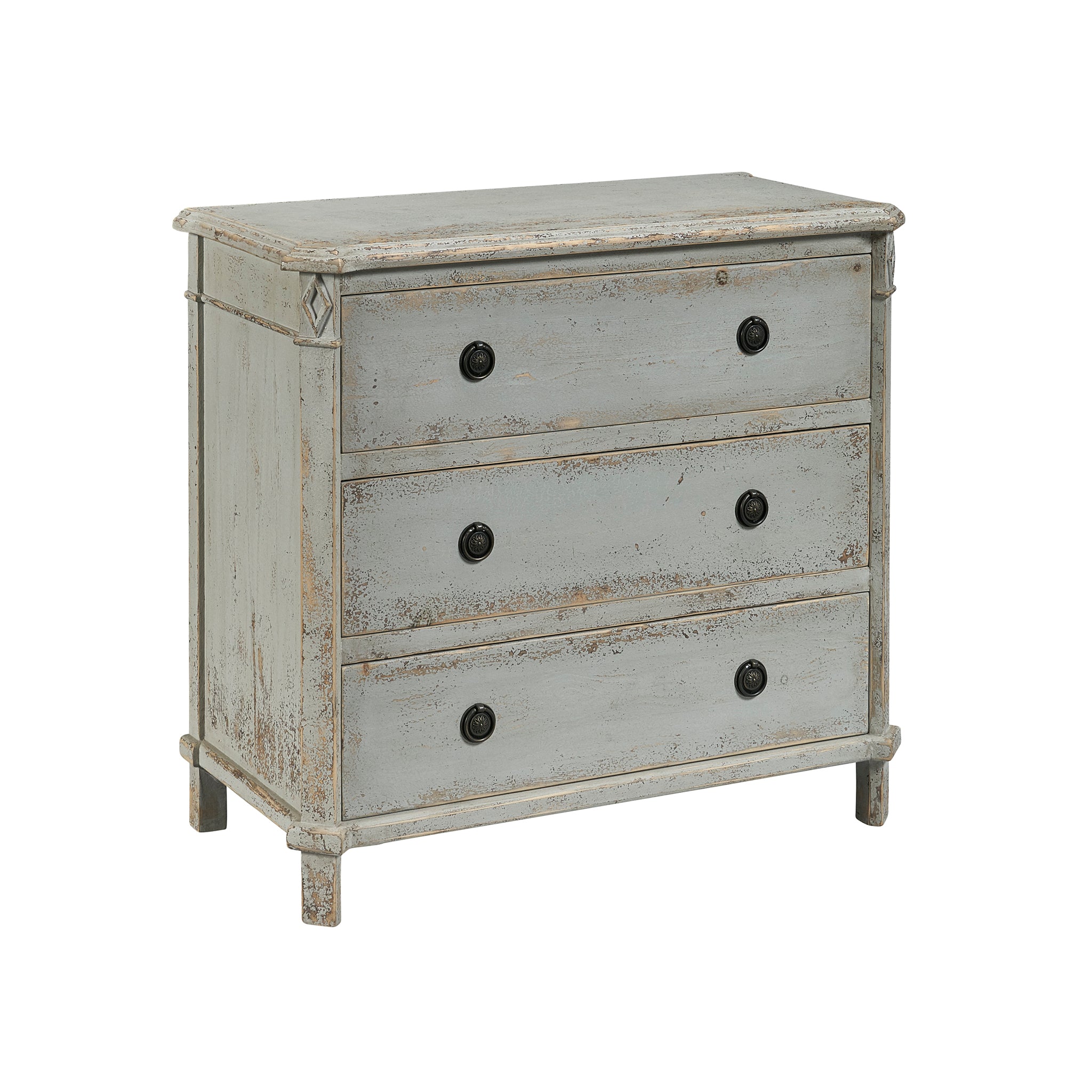 Isometric View of the Antique French Gray Linen Chest on a White Background