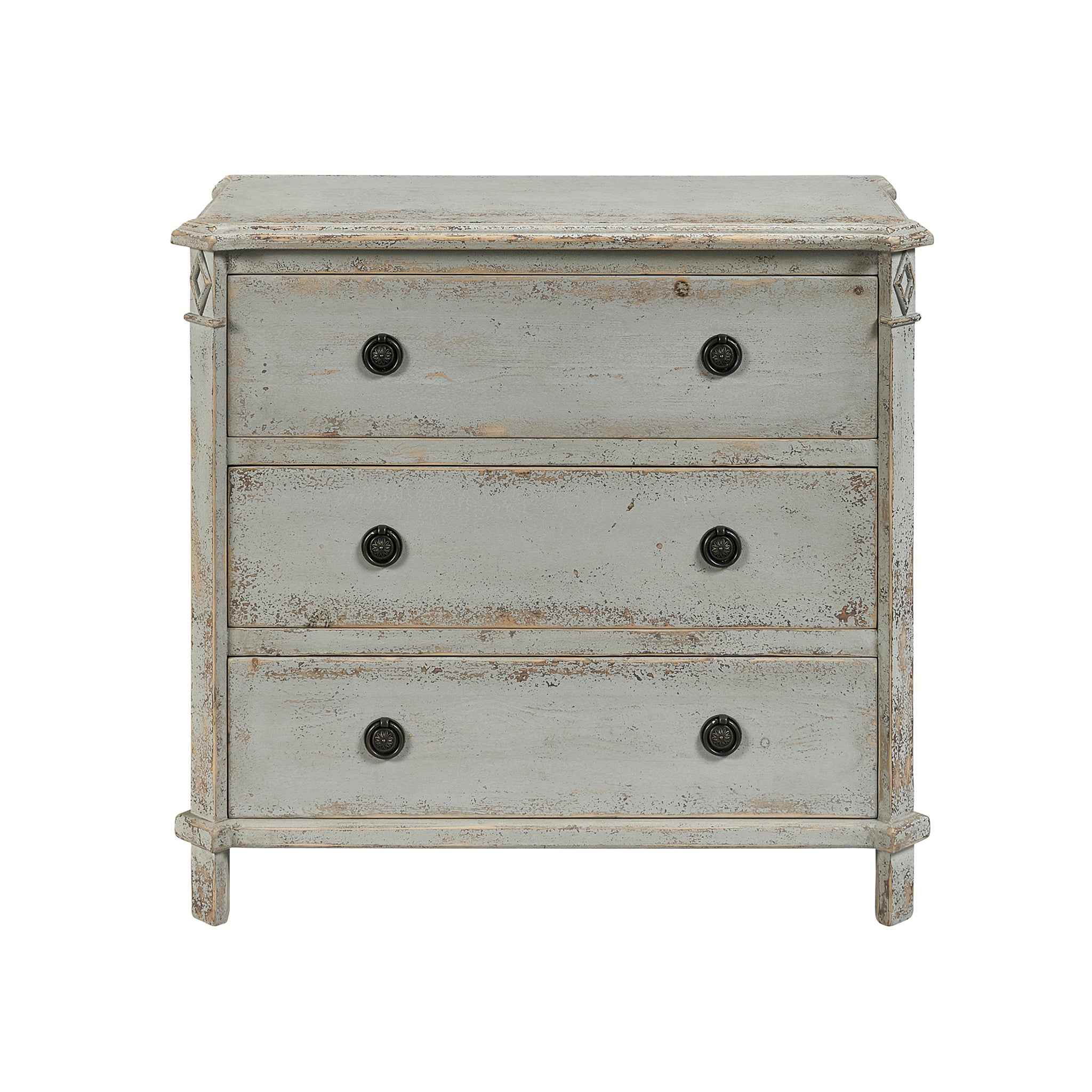 Front View of the Antique French Gray Linen Chest on a White Background