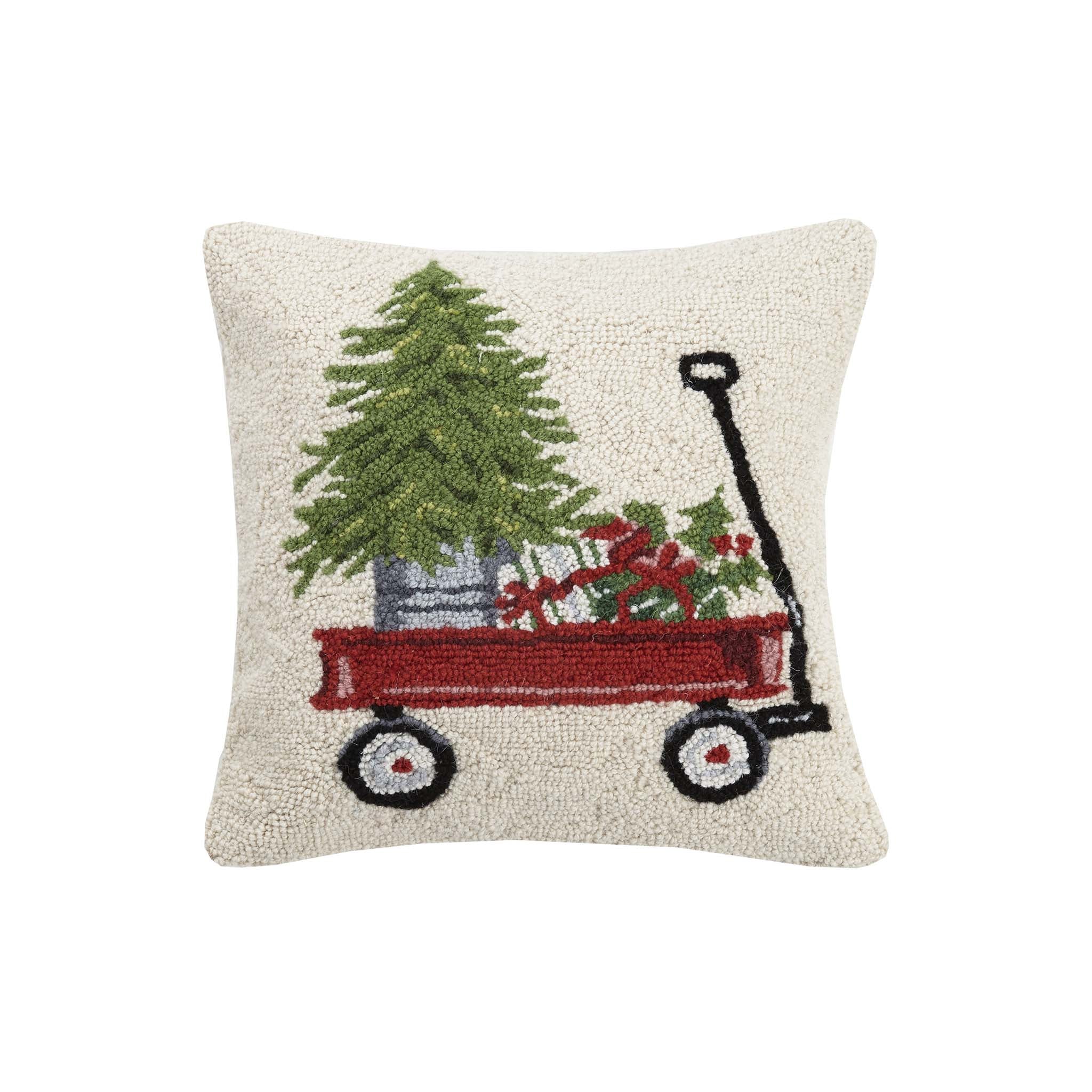 Christmas Delivery Wagon Hooked Pillow