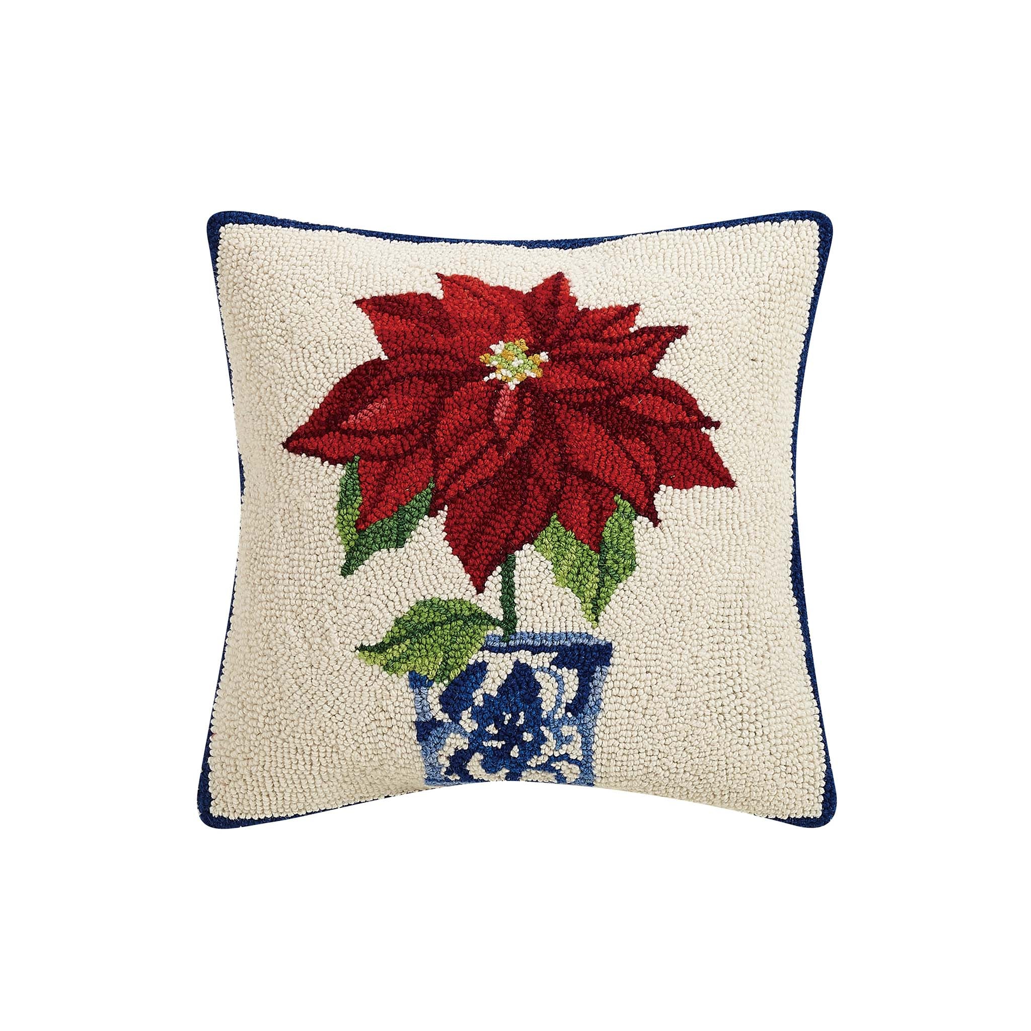 Festive Poinsettia and Chinoiserie Pot Hooked Pillow