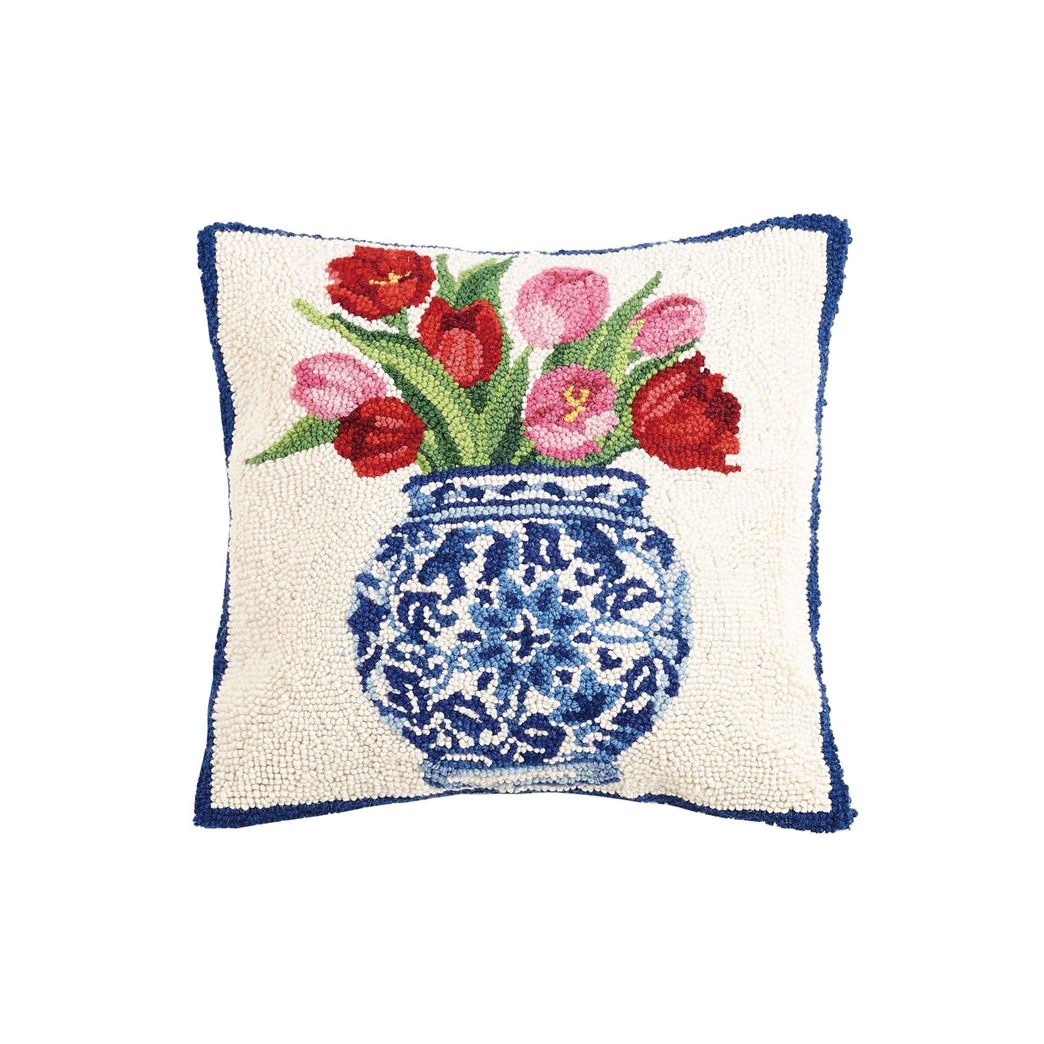 Red and Pink Tulips and Chinoiserie Pot Hooked Pillow