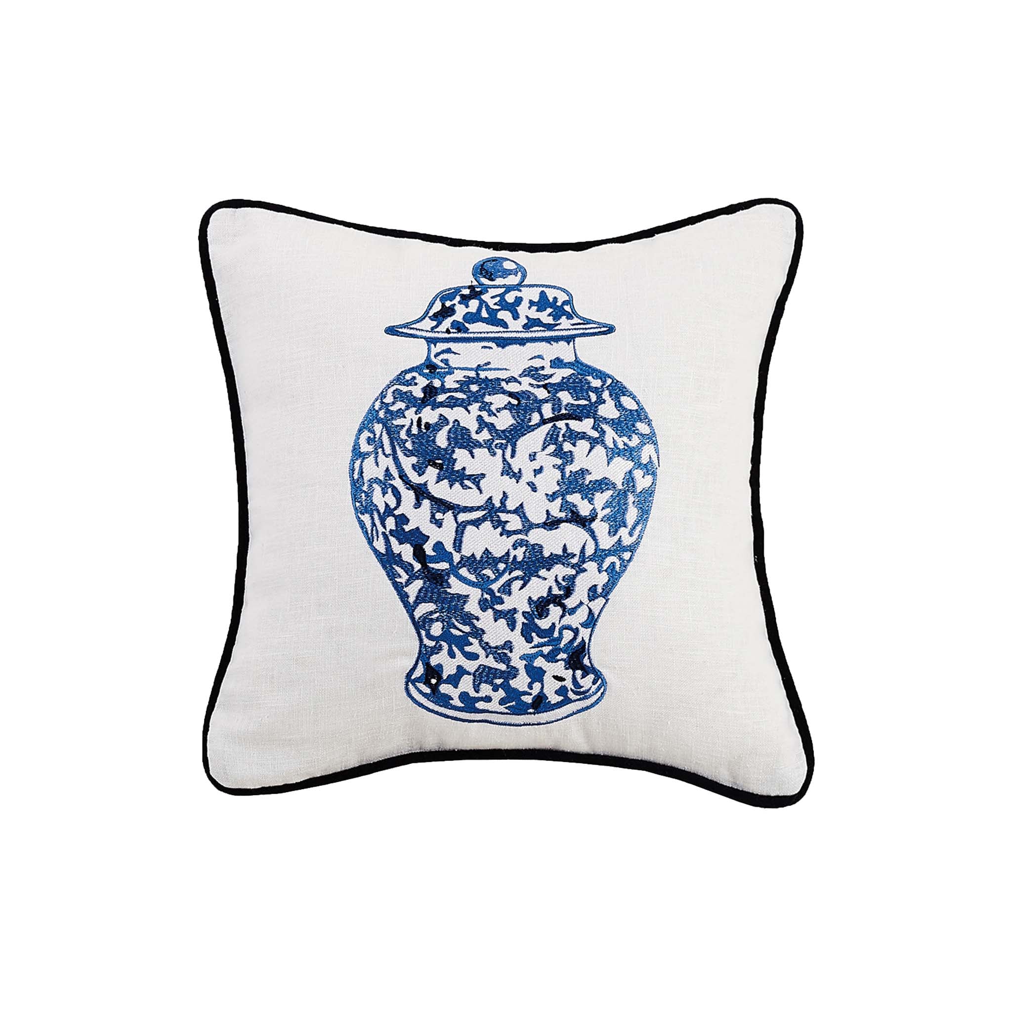 Blue and White Chinoiserie Vase with Lid Embroidered Pillow