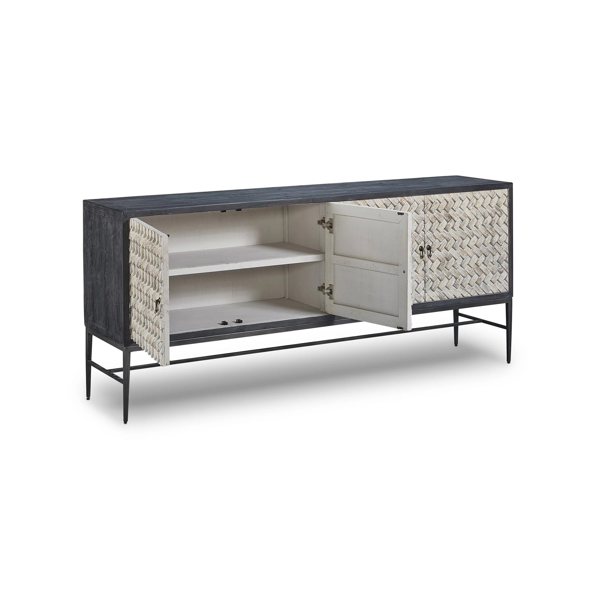 Whitewashed Wood Herringbone Credenza