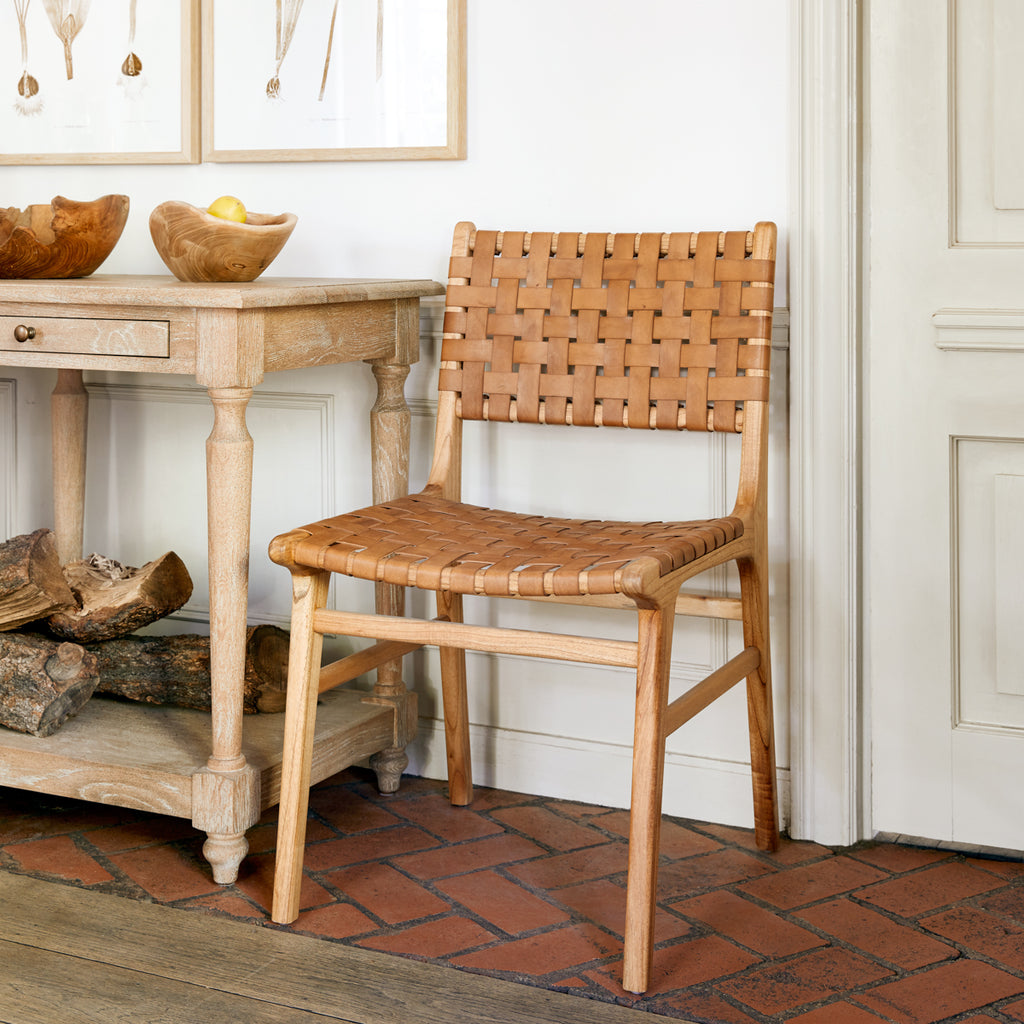 Woven Leather Dining Chair Inside By A Table