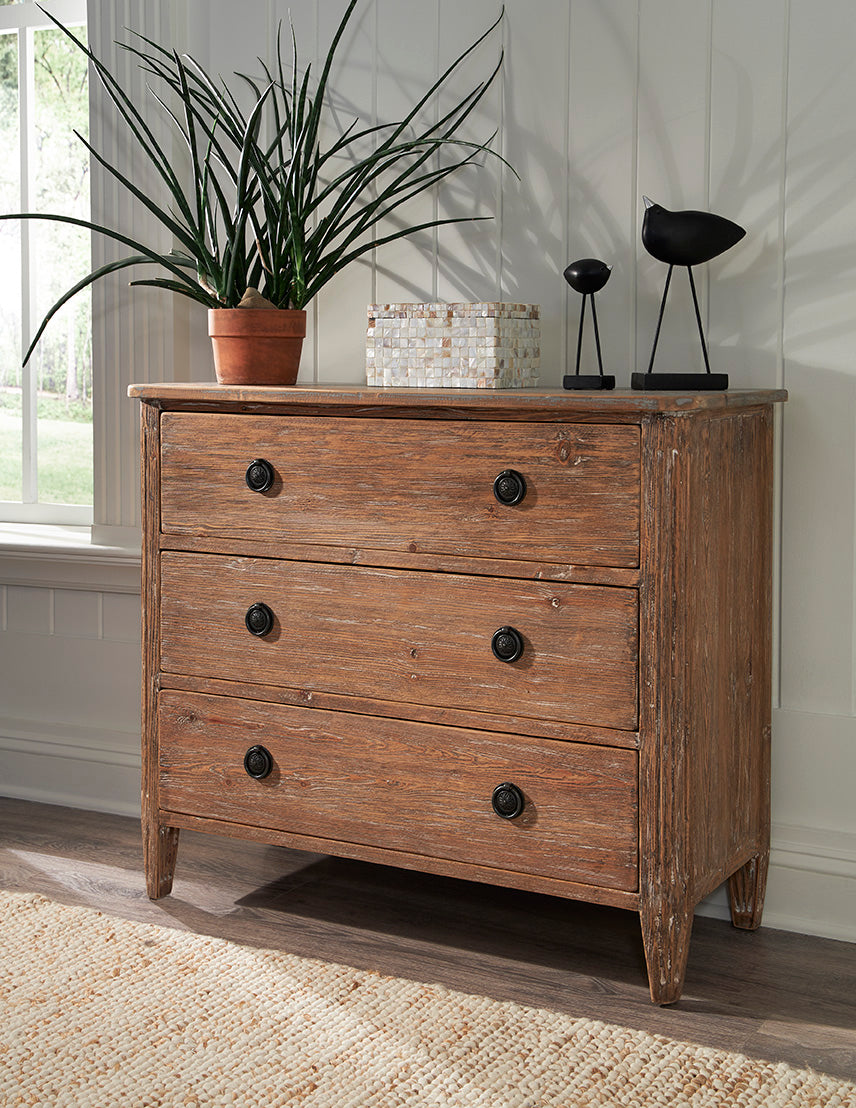 Weatherby Reclaimed Wood Chest of Drawers: Chest styled in bedroom space